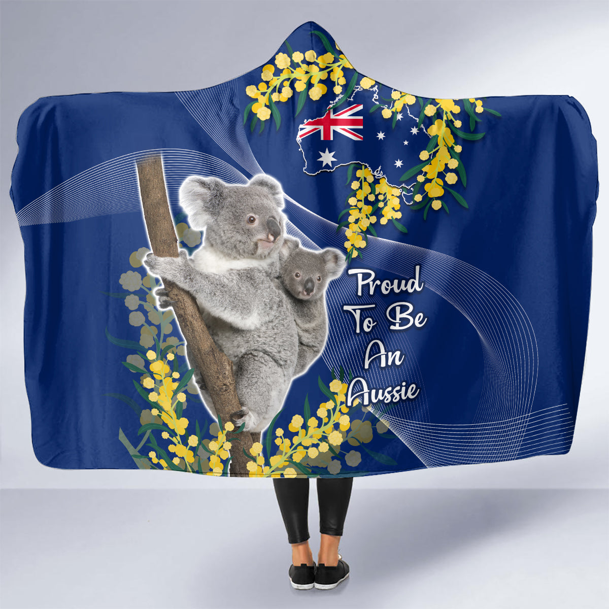 Australia Day Hooded Blanket Proud To Be An Aussie Koala With Map Golden Wattle