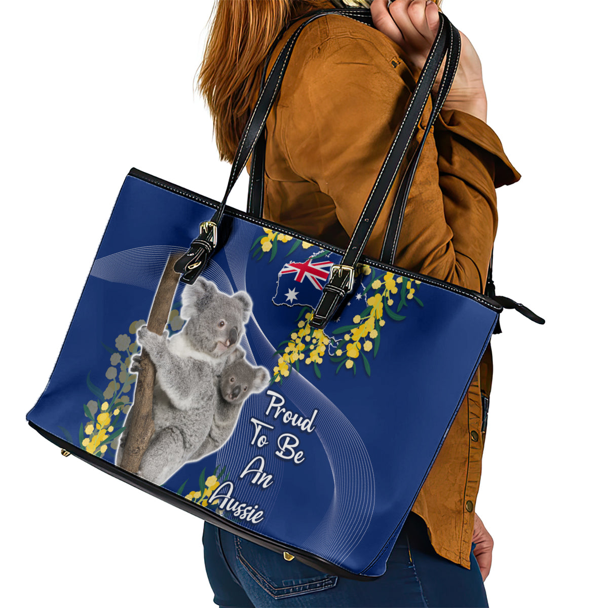 Australia Day Leather Tote Bag Proud To Be An Aussie Koala With Map Golden Wattle