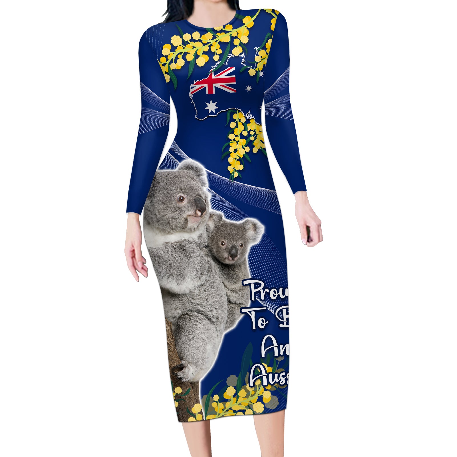 Australia Day Long Sleeve Bodycon Dress Proud To Be An Aussie Koala With Map Golden Wattle