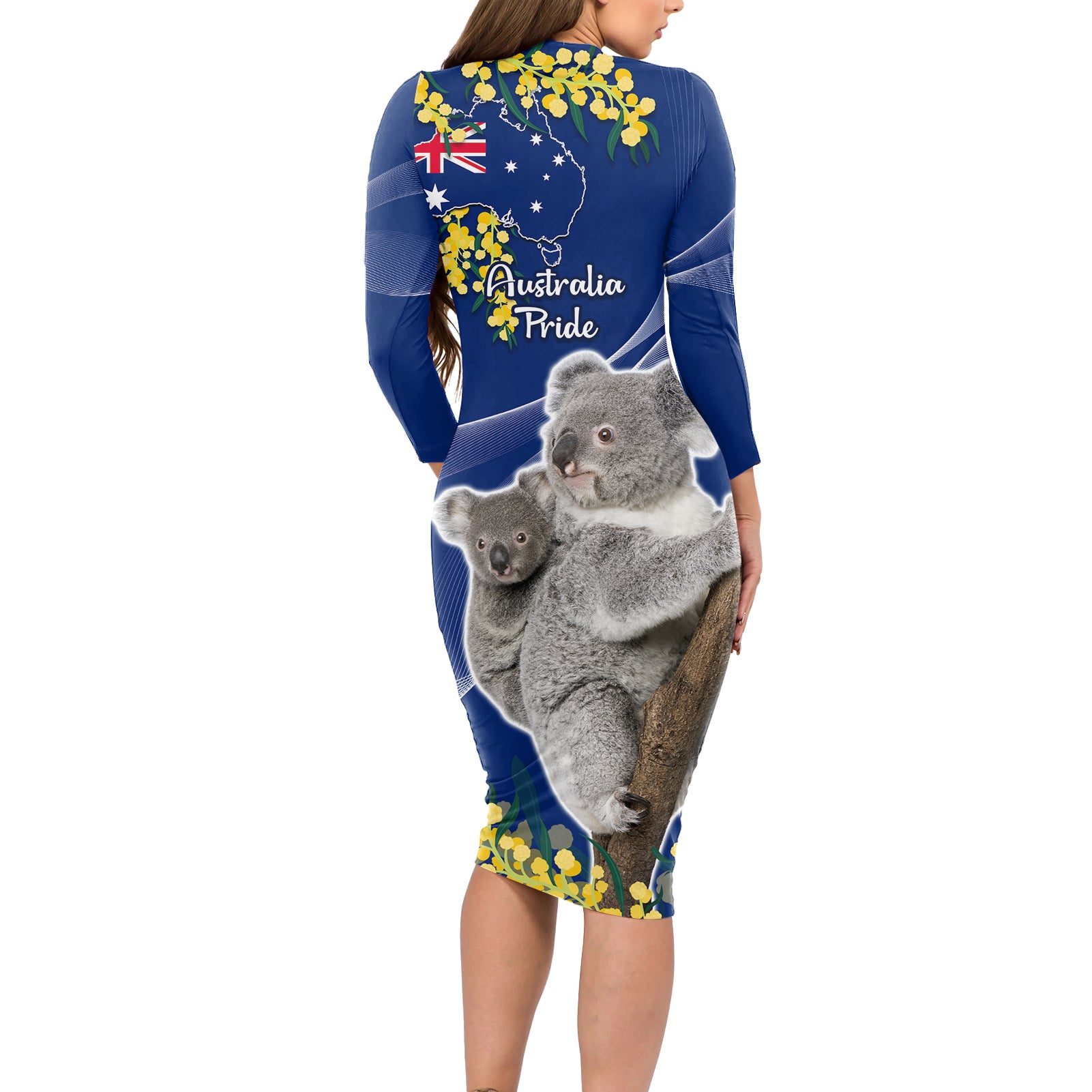 Australia Day Long Sleeve Bodycon Dress Proud To Be An Aussie Koala With Map Golden Wattle