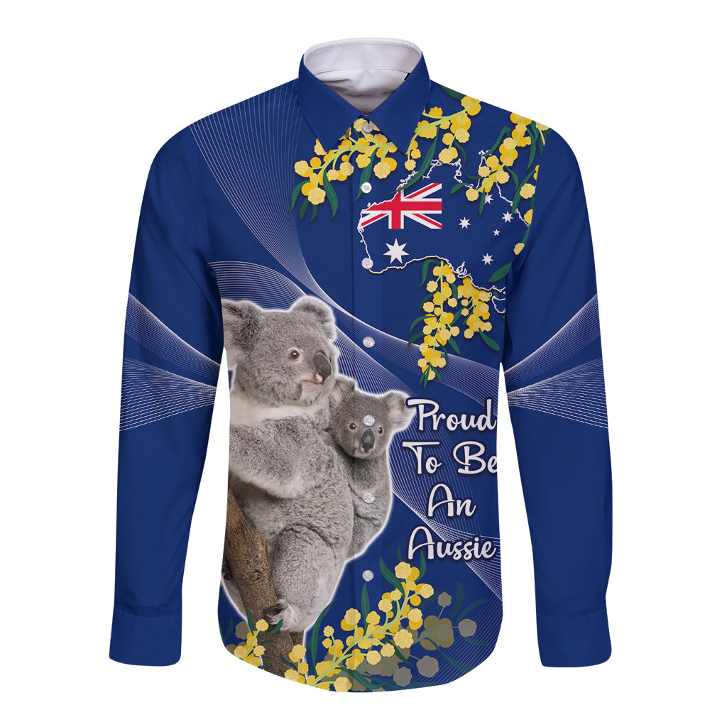 Australia Day Long Sleeve Button Shirt Proud To Be An Aussie Koala With Map Golden Wattle - Vibe Hoodie Shop