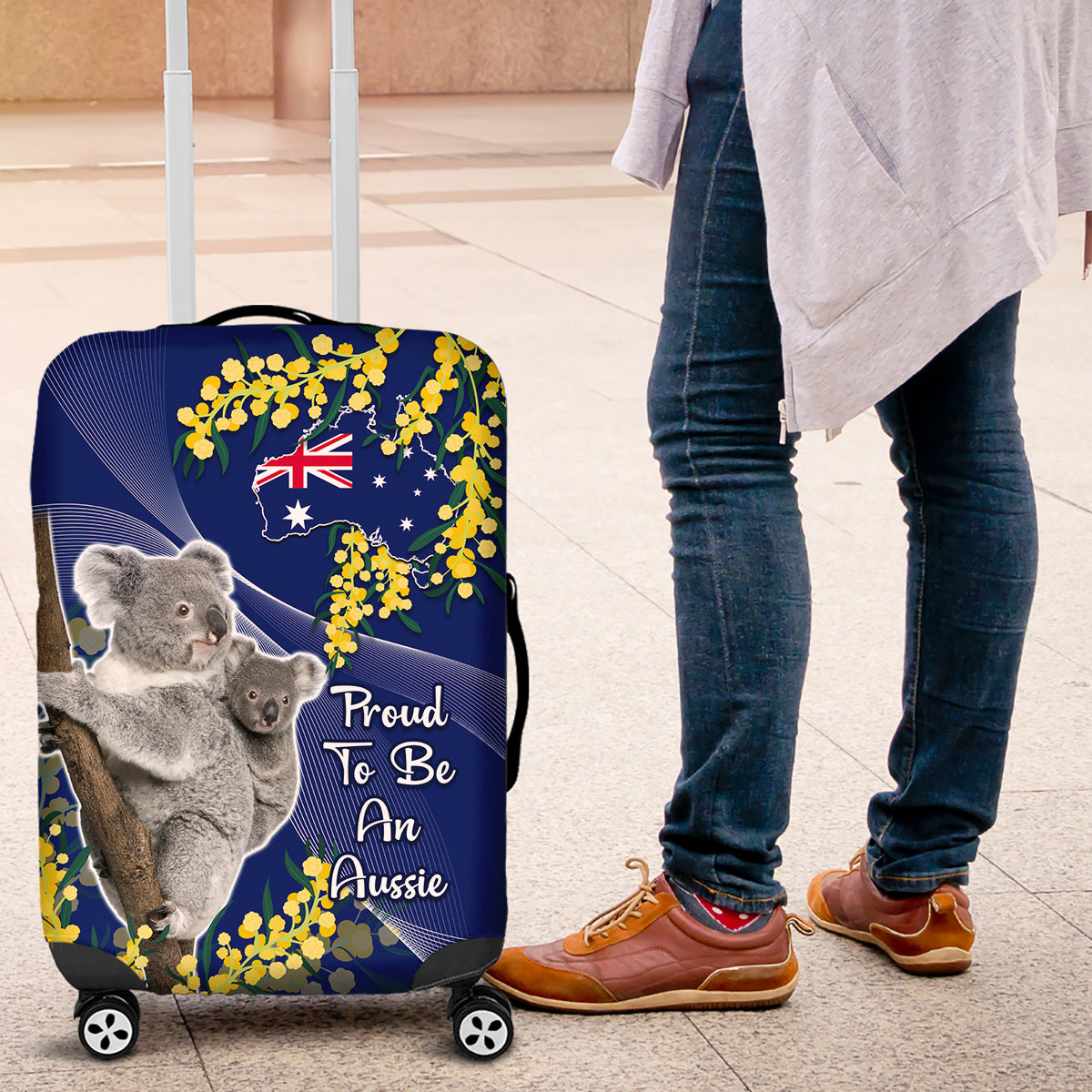 Australia Day Luggage Cover Proud To Be An Aussie Koala With Map Golden Wattle - Vibe Hoodie Shop