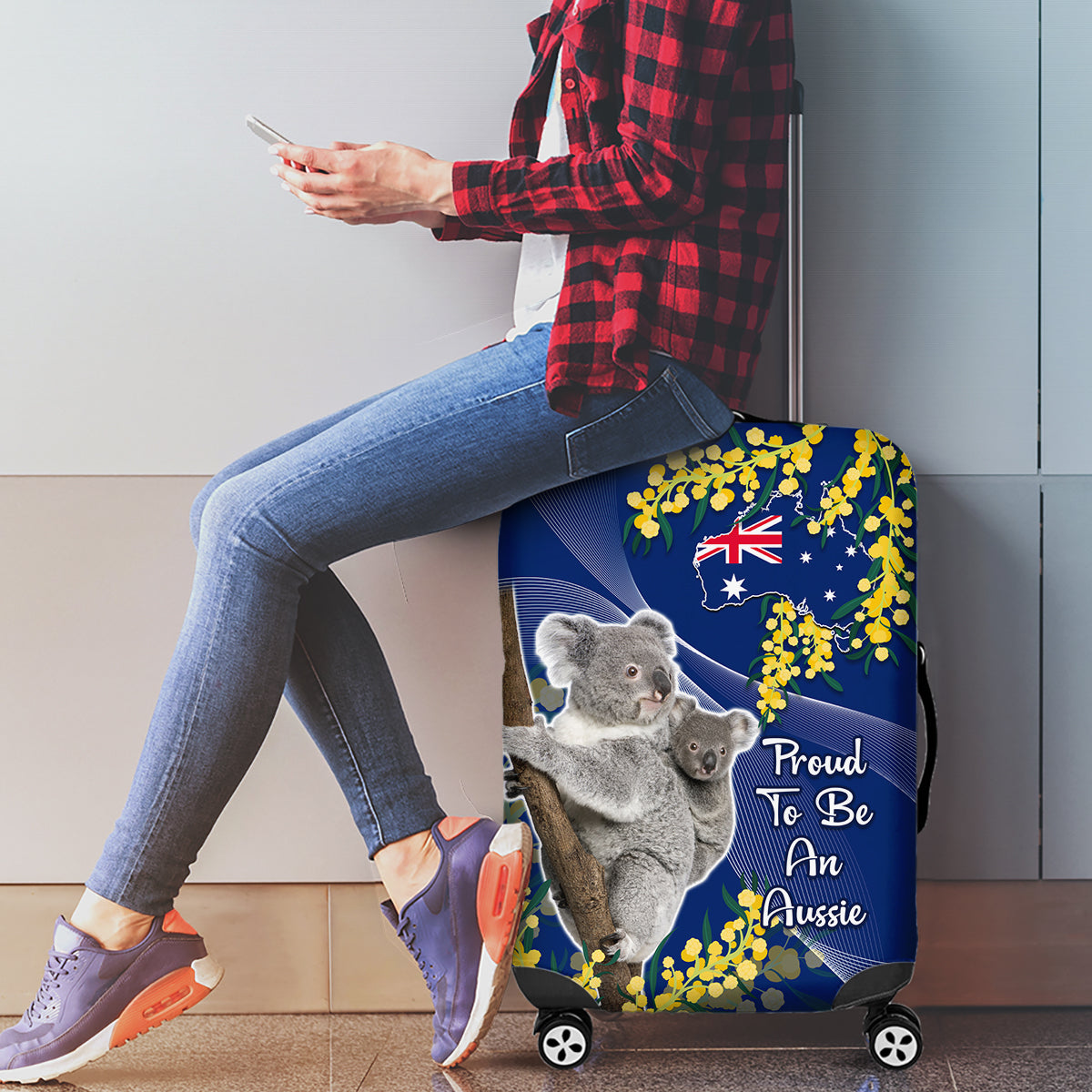 Australia Day Luggage Cover Proud To Be An Aussie Koala With Map Golden Wattle - Vibe Hoodie Shop