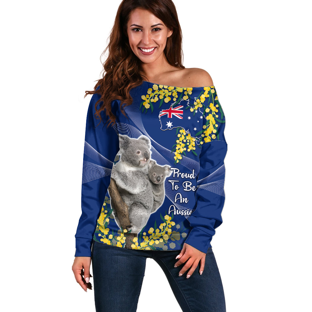 Australia Day Off Shoulder Sweater Proud To Be An Aussie Koala With Map Golden Wattle - Vibe Hoodie Shop