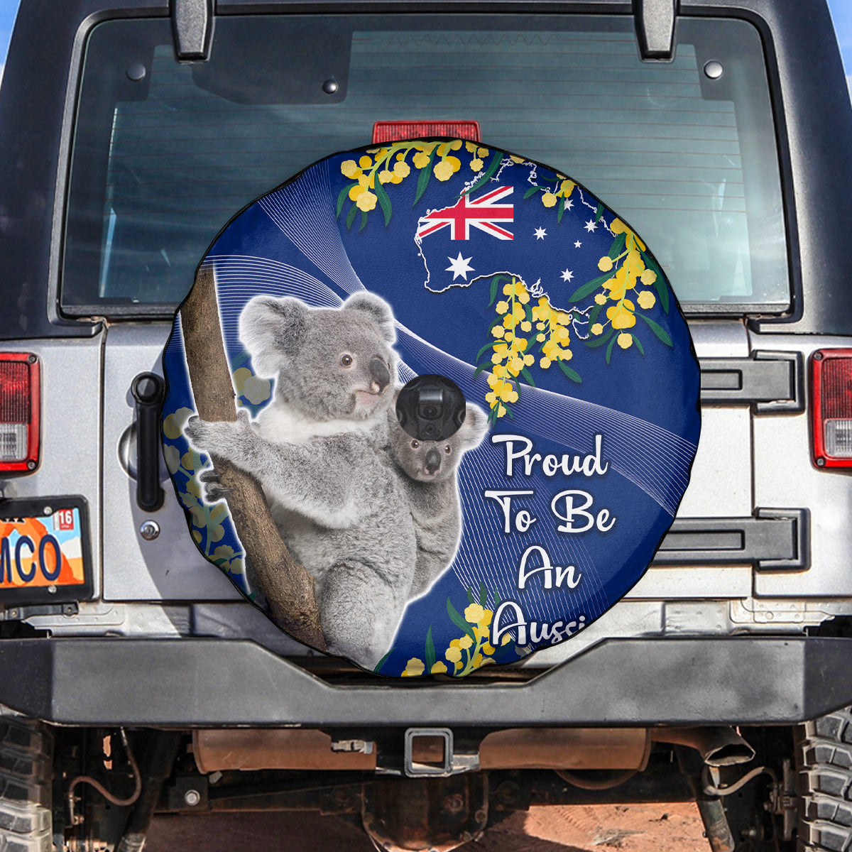 Australia Day Spare Tire Cover Proud To Be An Aussie Koala With Map Golden Wattle - Vibe Hoodie Shop