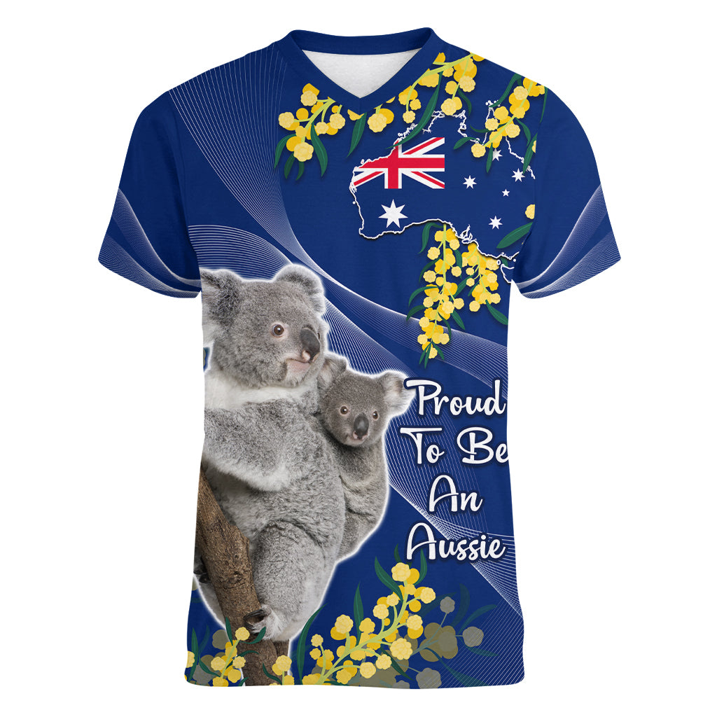 Australia Day Women V Neck T Shirt Proud To Be An Aussie Koala With Map Golden Wattle - Vibe Hoodie Shop