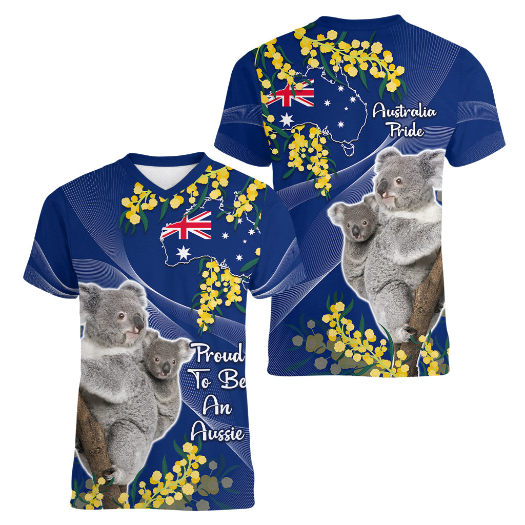 Australia Day Women V Neck T Shirt Proud To Be An Aussie Koala With Map Golden Wattle - Vibe Hoodie Shop