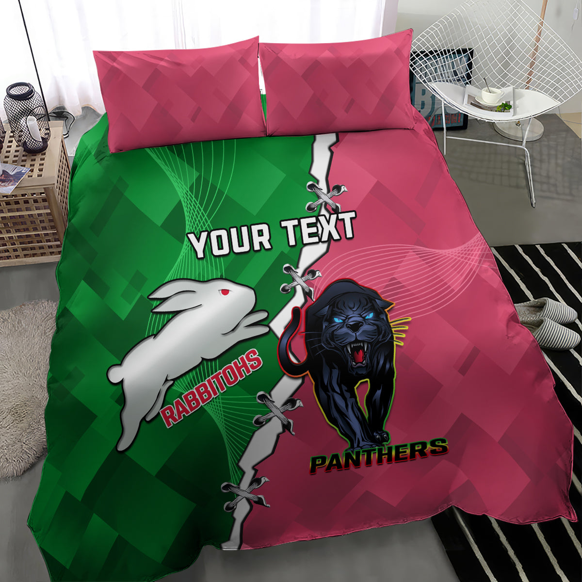 Personalised Panthers And Rabbitohs Rugby Bedding Set 2024 Souths The Riff Together - Vibe Hoodie Shop