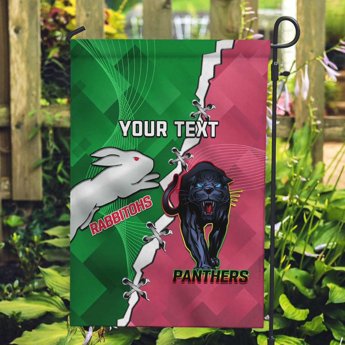 Personalised Panthers And Rabbitohs Rugby Garden Flag 2024 Souths The Riff Together - Vibe Hoodie Shop