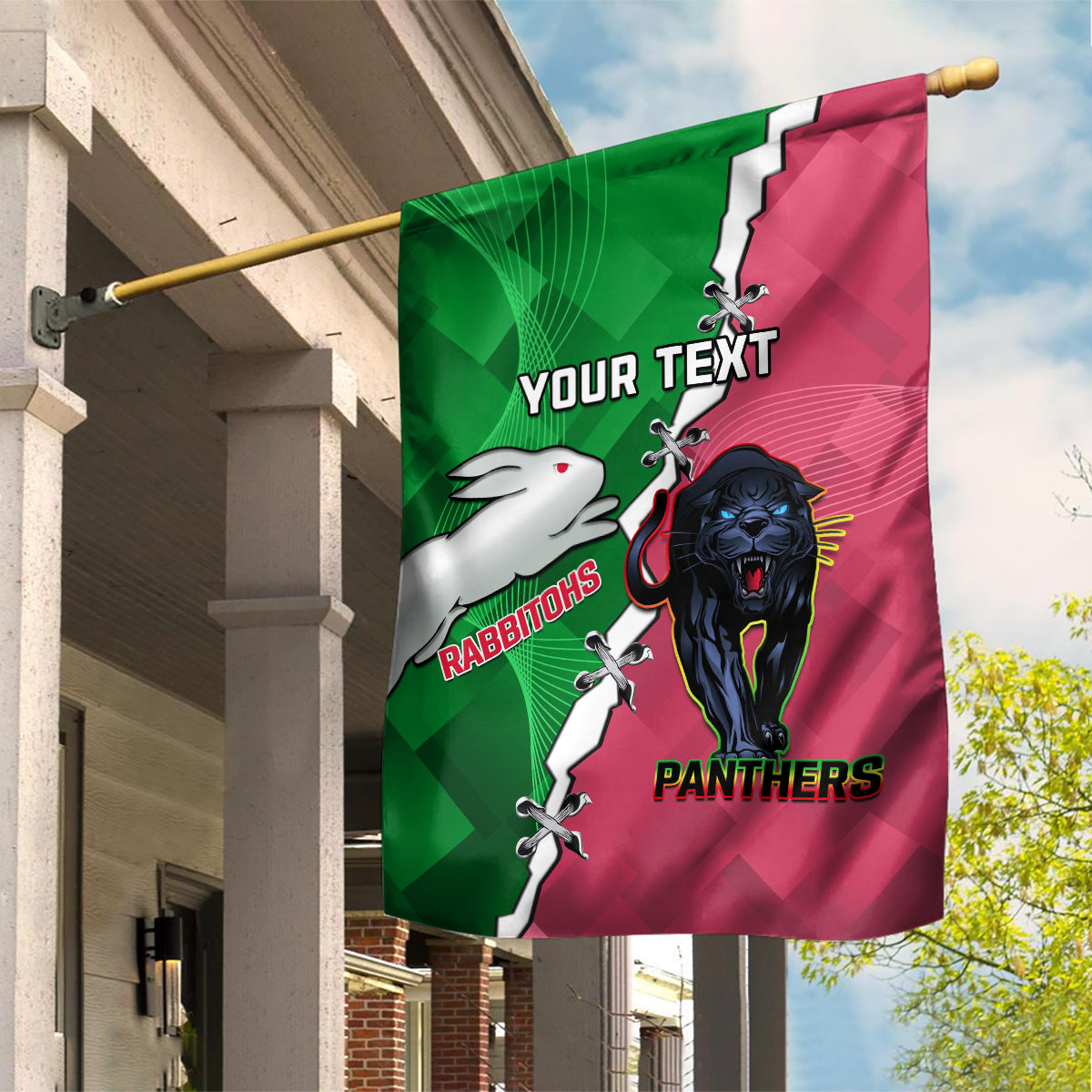 Personalised Panthers And Rabbitohs Rugby Garden Flag 2024 Souths The Riff Together - Vibe Hoodie Shop