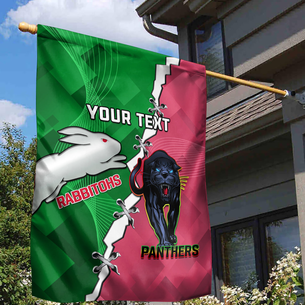 Personalised Panthers And Rabbitohs Rugby Garden Flag 2024 Souths The Riff Together - Vibe Hoodie Shop