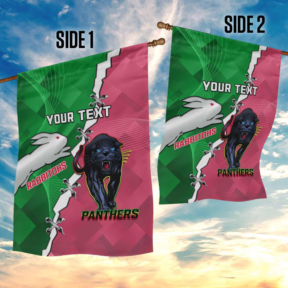 Personalised Panthers And Rabbitohs Rugby Garden Flag 2024 Souths The Riff Together - Vibe Hoodie Shop