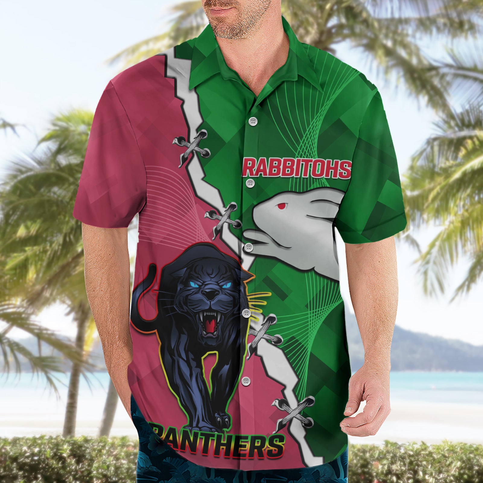 Personalised Panthers And Rabbitohs Rugby Hawaiian Shirt 2024 Souths The Riff Together - Vibe Hoodie Shop