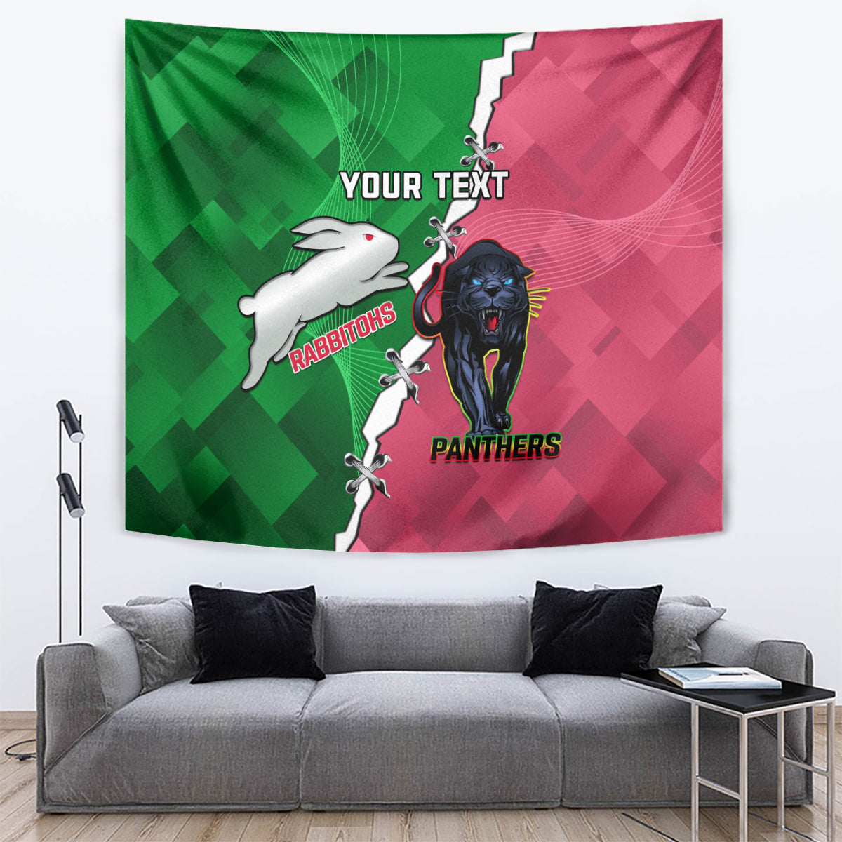 Personalised Panthers And Rabbitohs Rugby Tapestry 2024 Souths The Riff Together - Vibe Hoodie Shop