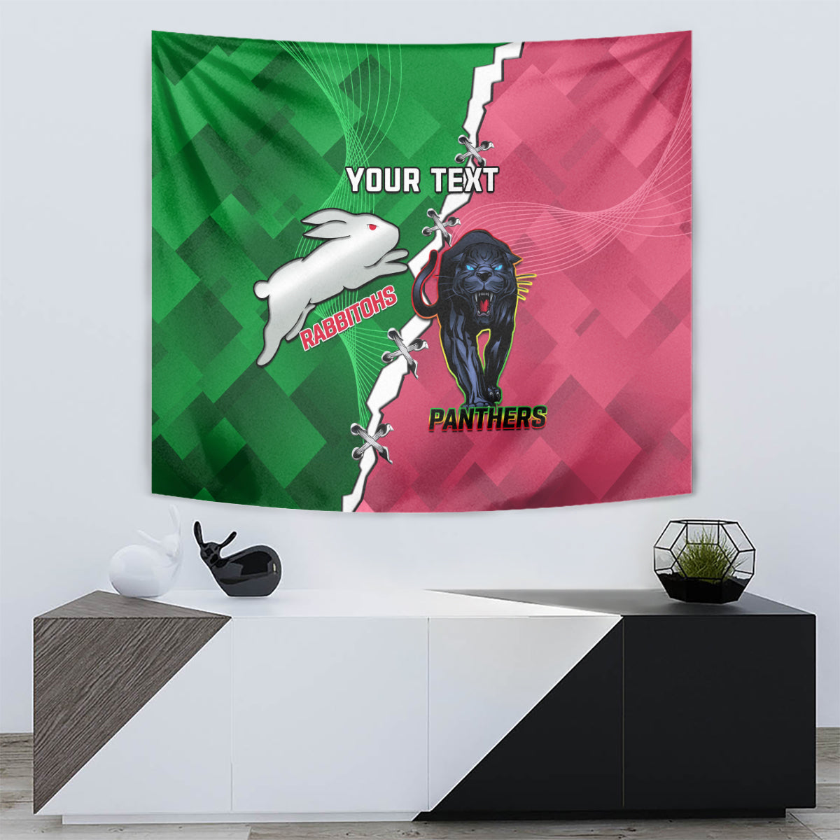 Personalised Panthers And Rabbitohs Rugby Tapestry 2024 Souths The Riff Together - Vibe Hoodie Shop