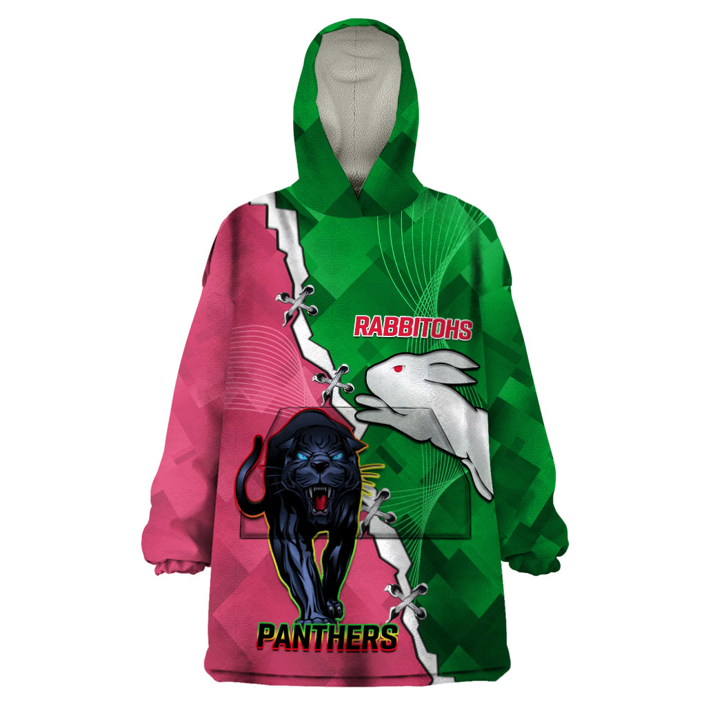 Personalised Panthers And Rabbitohs Rugby Wearable Blanket Hoodie 2024 Souths The Riff Together - Vibe Hoodie Shop