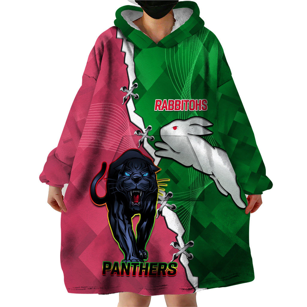 Personalised Panthers And Rabbitohs Rugby Wearable Blanket Hoodie 2024 Souths The Riff Together - Vibe Hoodie Shop