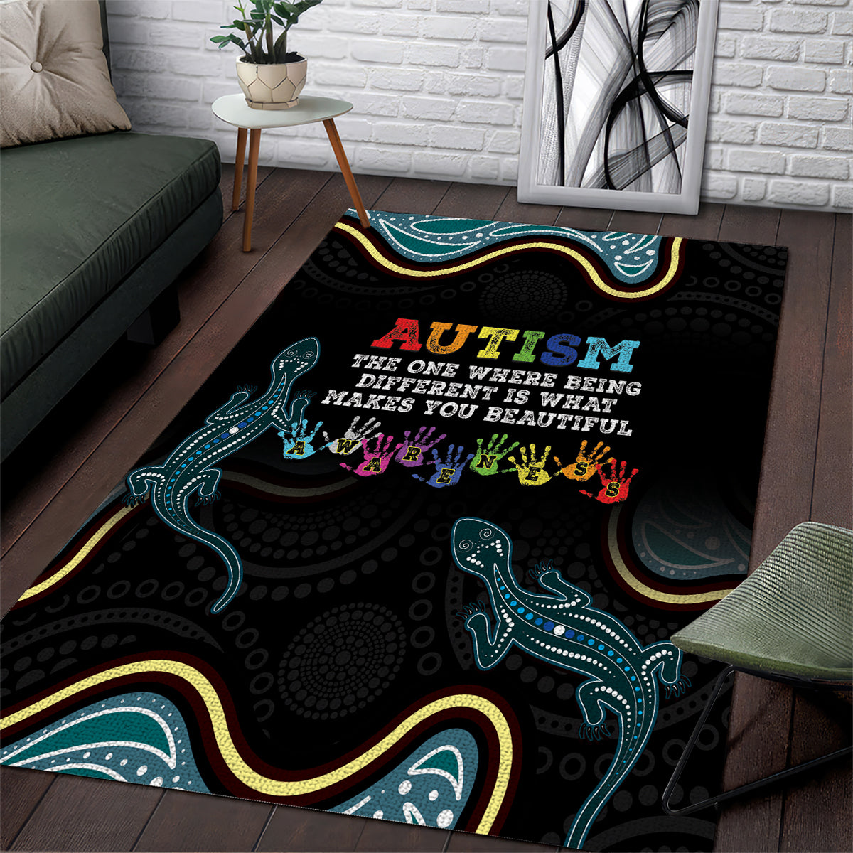 Australia Autism Awareness 4 April Aboriginal Lizard Area Rug - Vibe Hoodie Shop