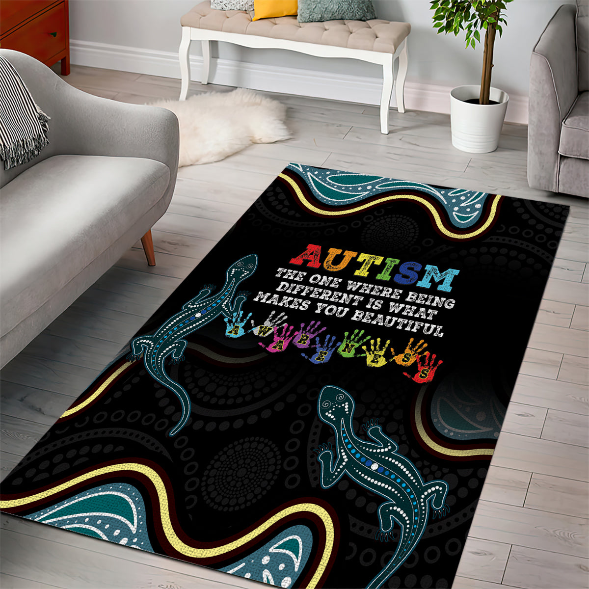 Australia Autism Awareness 4 April Aboriginal Lizard Area Rug - Vibe Hoodie Shop