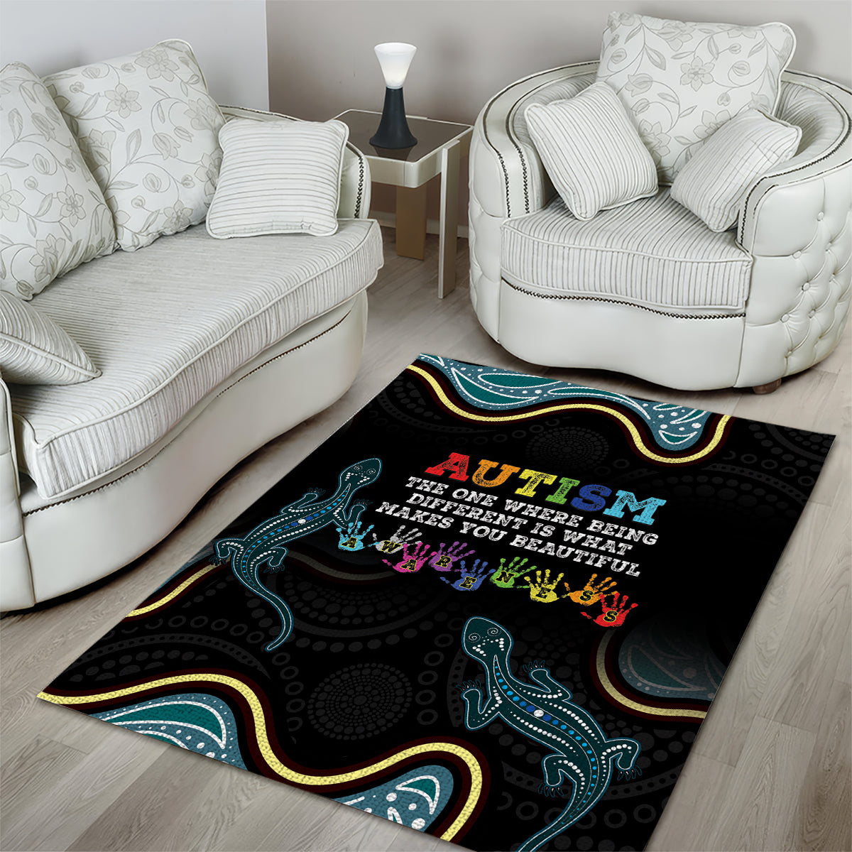 Australia Autism Awareness 4 April Aboriginal Lizard Area Rug - Vibe Hoodie Shop