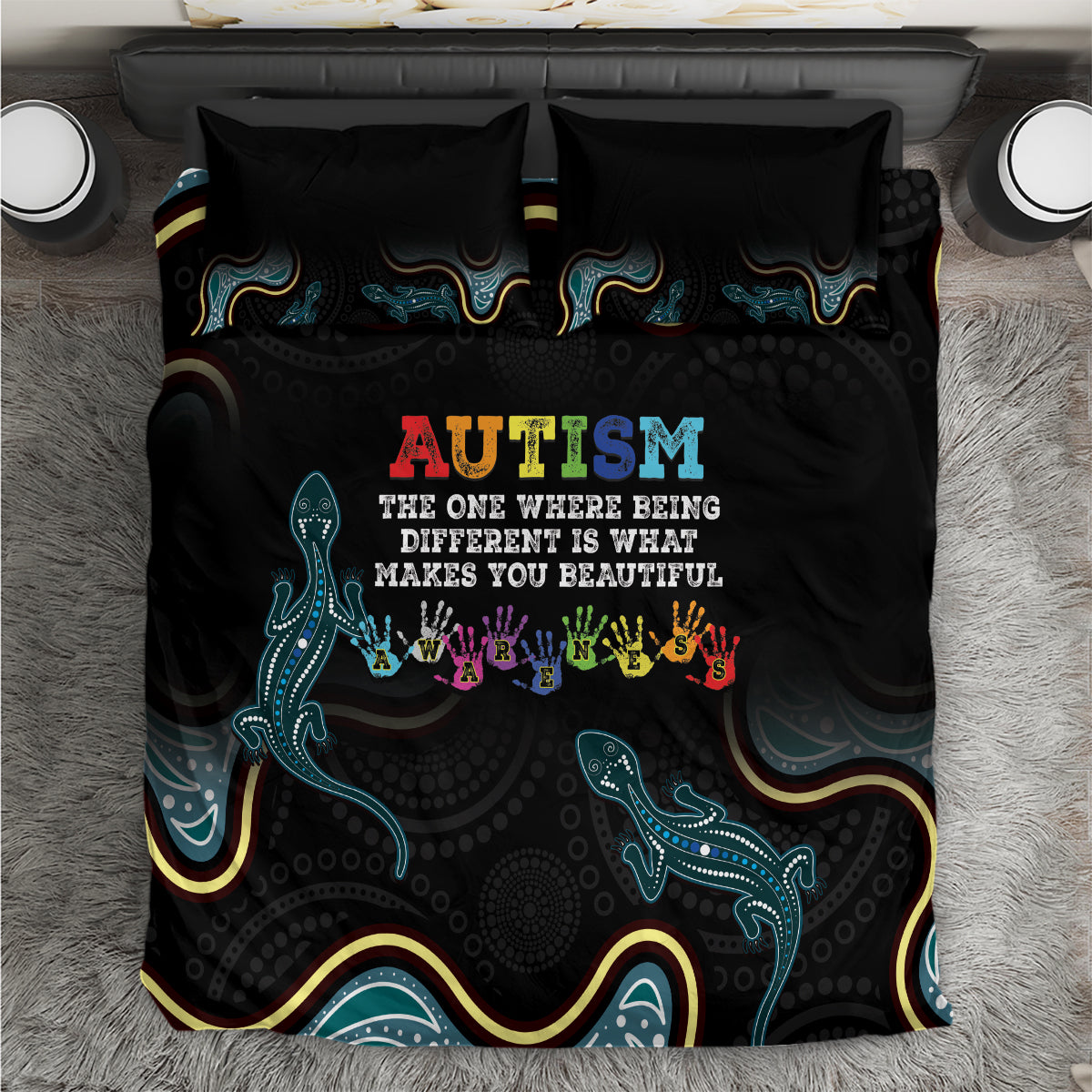 Australia Autism Awareness 4 April Aboriginal Lizard Bedding Set - Vibe Hoodie Shop