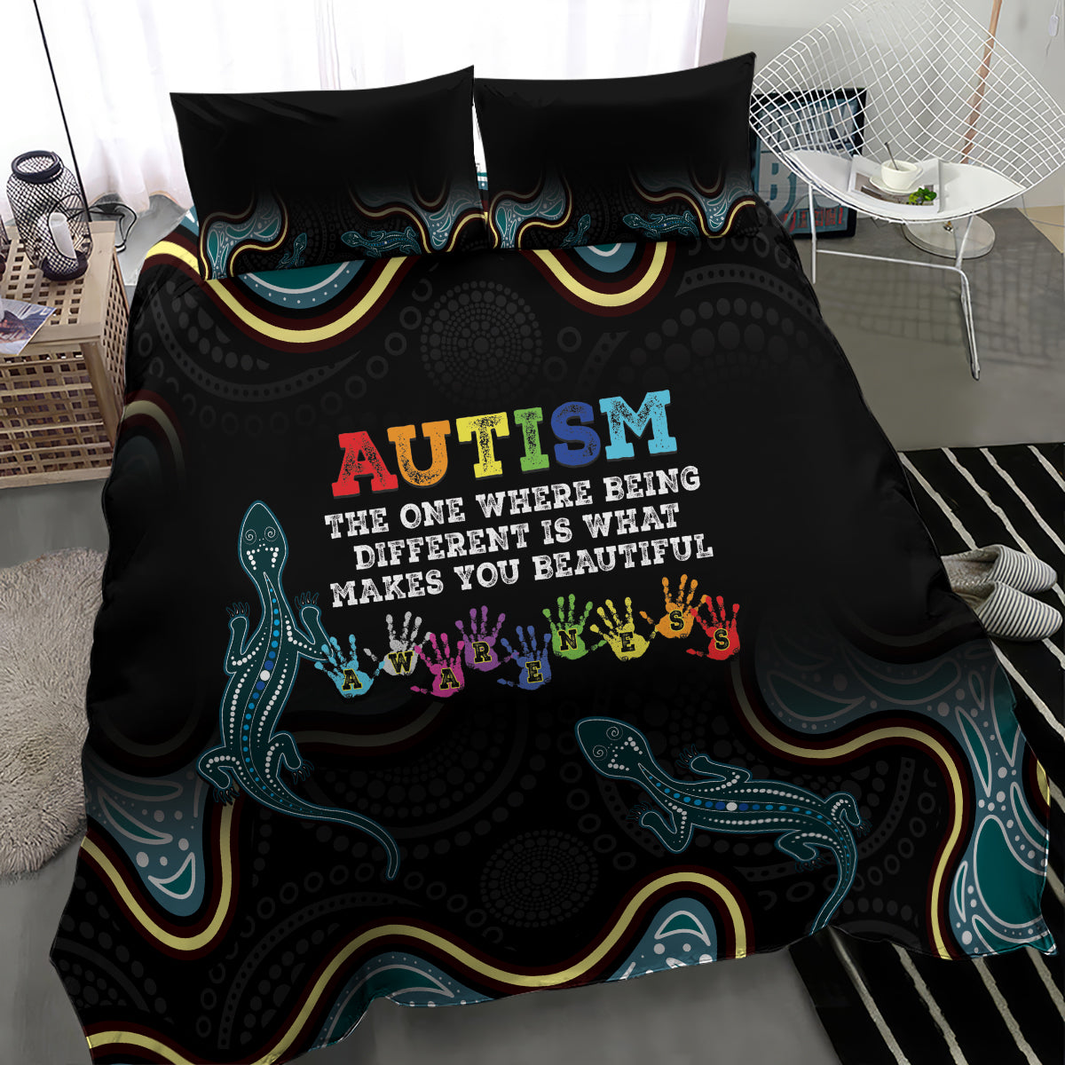 Australia Autism Awareness 4 April Aboriginal Lizard Bedding Set - Vibe Hoodie Shop