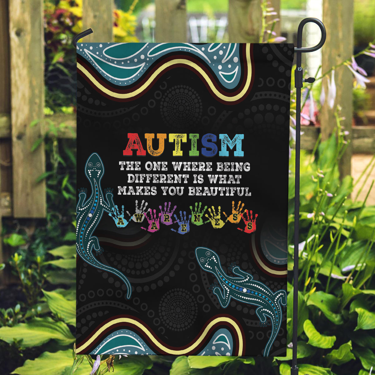 Australia Autism Awareness 4 April Aboriginal Lizard Garden Flag - Vibe Hoodie Shop