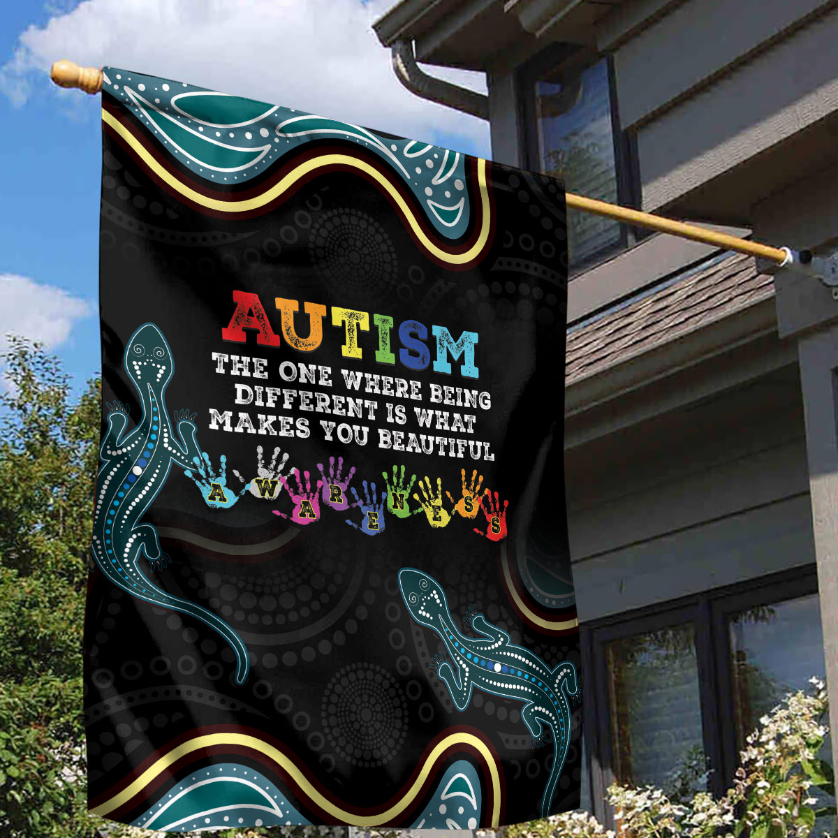 Australia Autism Awareness 4 April Aboriginal Lizard Garden Flag - Vibe Hoodie Shop