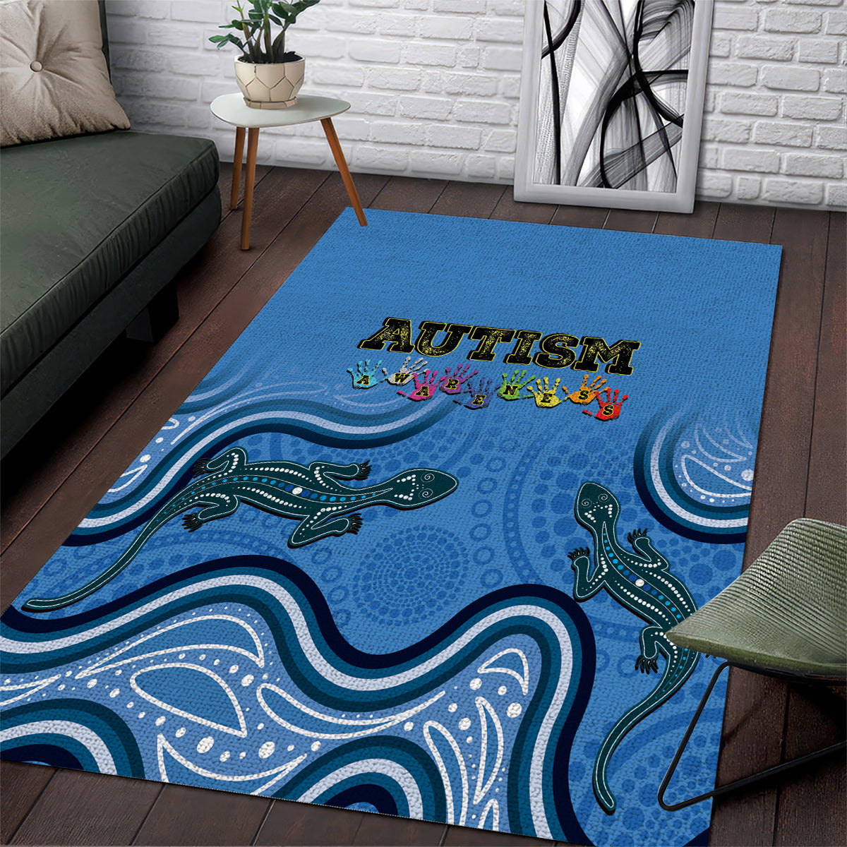 Australia Autism Awareness Area Rug In April We Wear Blue Aboriginal Lizard - Vibe Hoodie Shop