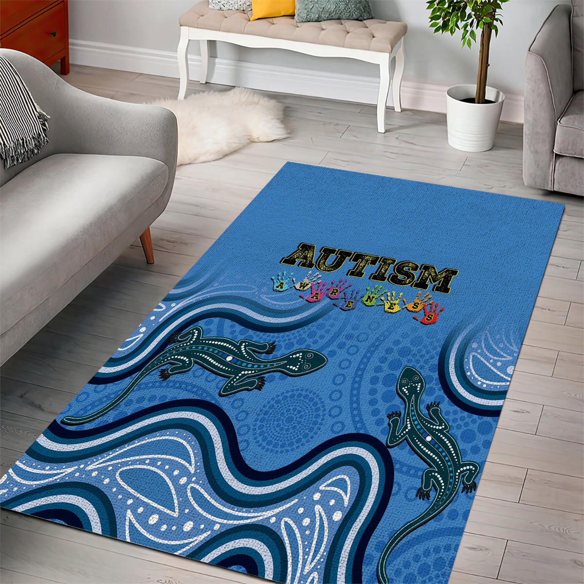 Australia Autism Awareness Area Rug In April We Wear Blue Aboriginal Lizard - Vibe Hoodie Shop