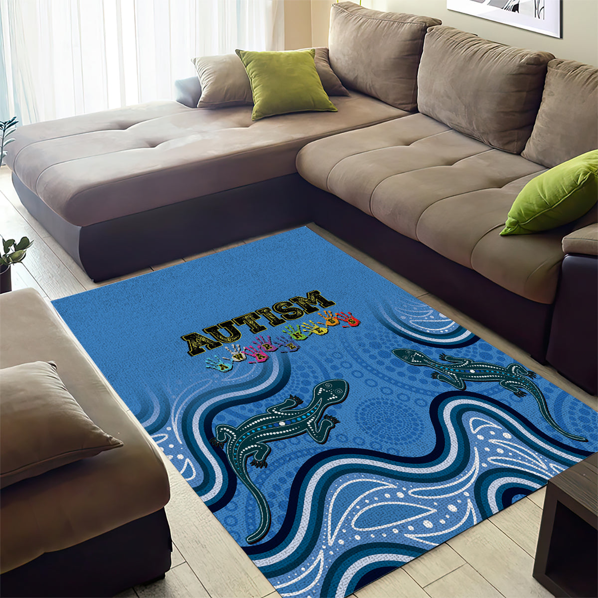 Australia Autism Awareness Area Rug In April We Wear Blue Aboriginal Lizard - Vibe Hoodie Shop