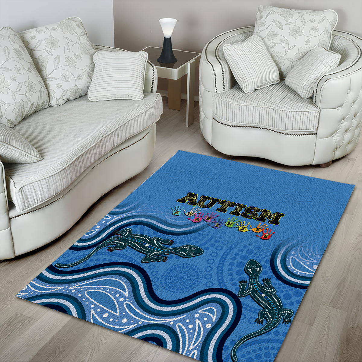 Australia Autism Awareness Area Rug In April We Wear Blue Aboriginal Lizard - Vibe Hoodie Shop