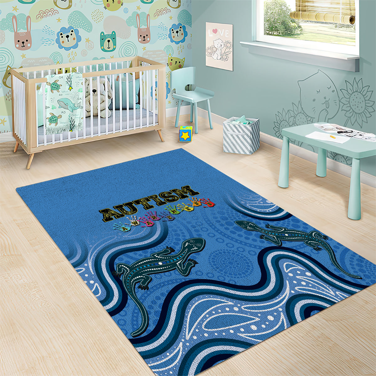 Australia Autism Awareness Area Rug In April We Wear Blue Aboriginal Lizard - Vibe Hoodie Shop