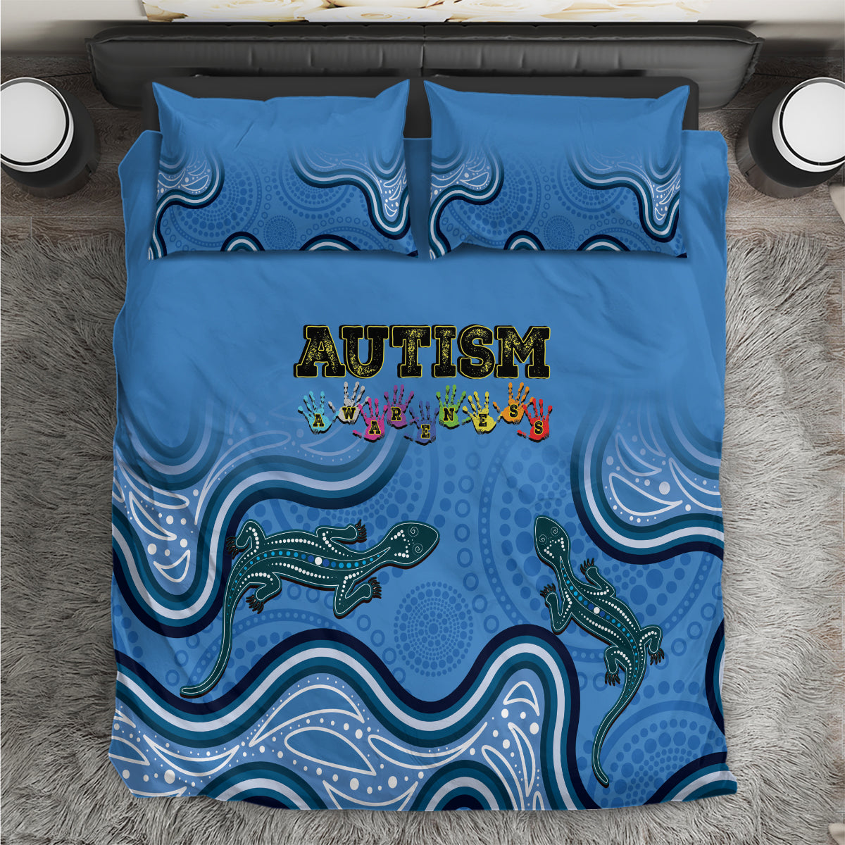 Australia Autism Awareness Bedding Set In April We Wear Blue Aboriginal Lizard - Vibe Hoodie Shop