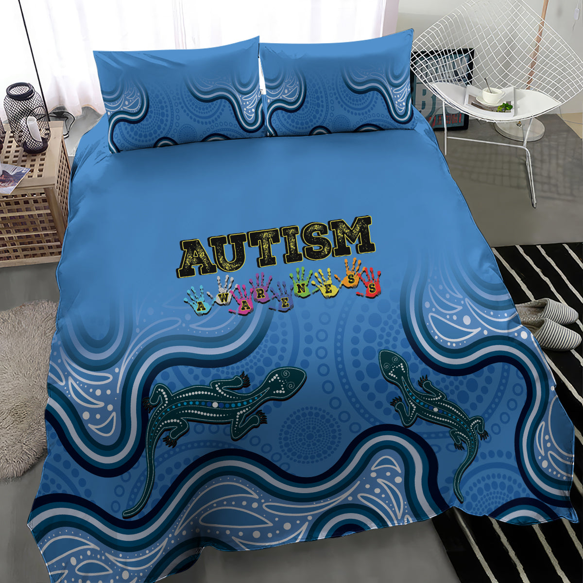 Australia Autism Awareness Bedding Set In April We Wear Blue Aboriginal Lizard - Vibe Hoodie Shop
