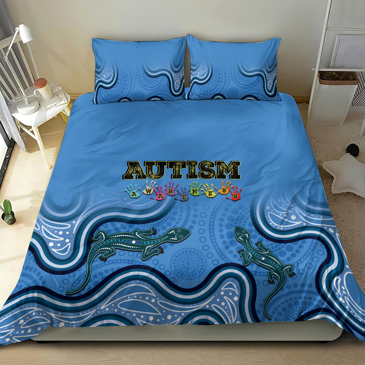 Australia Autism Awareness Bedding Set In April We Wear Blue Aboriginal Lizard - Vibe Hoodie Shop