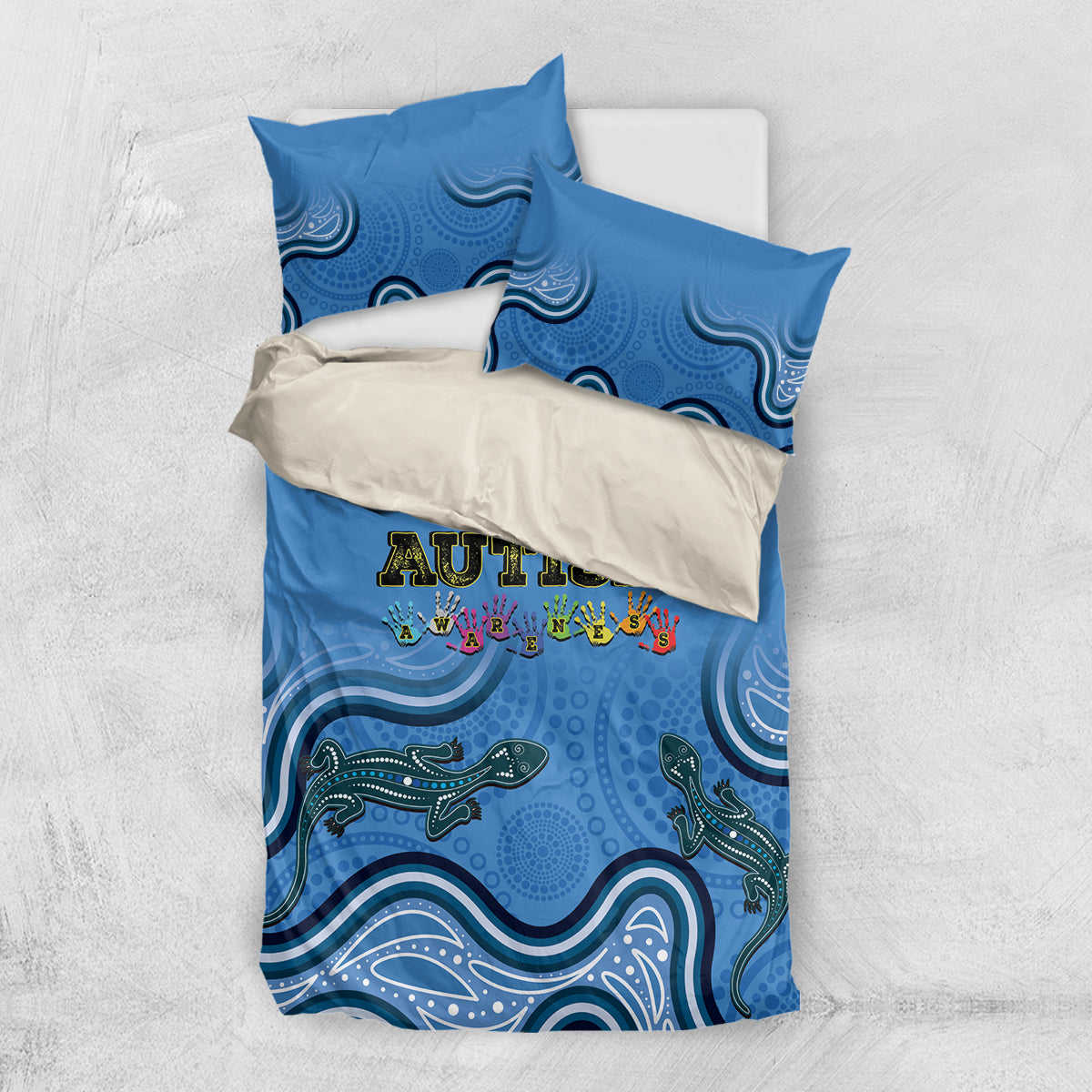 Australia Autism Awareness Bedding Set In April We Wear Blue Aboriginal Lizard - Vibe Hoodie Shop
