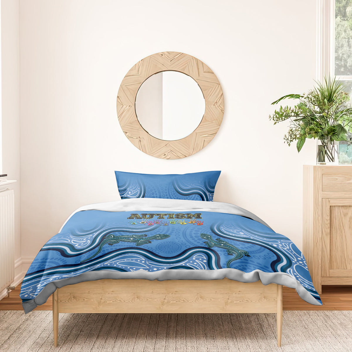 Australia Autism Awareness Bedding Set In April We Wear Blue Aboriginal Lizard - Vibe Hoodie Shop