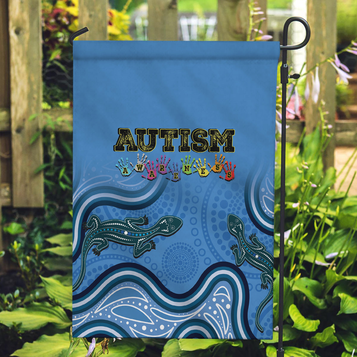 Australia Autism Awareness Garden Flag In April We Wear Blue Aboriginal Lizard - Vibe Hoodie Shop