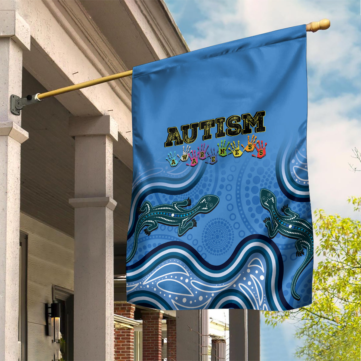 Australia Autism Awareness Garden Flag In April We Wear Blue Aboriginal Lizard - Vibe Hoodie Shop