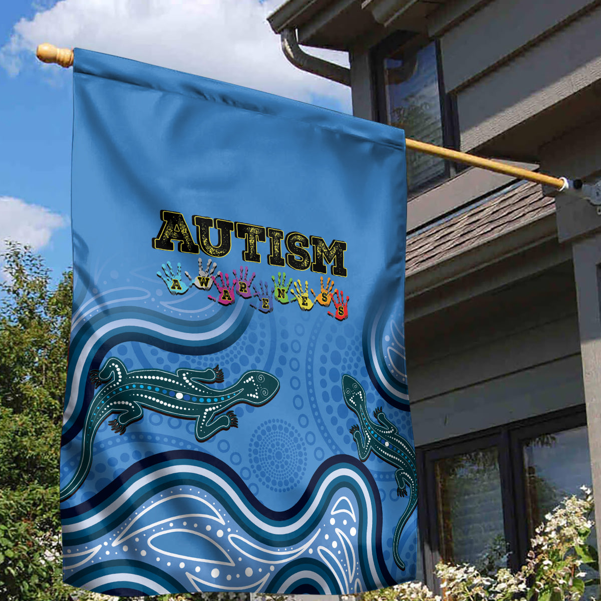 Australia Autism Awareness Garden Flag In April We Wear Blue Aboriginal Lizard - Vibe Hoodie Shop