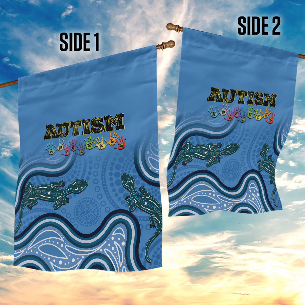 Australia Autism Awareness Garden Flag In April We Wear Blue Aboriginal Lizard - Vibe Hoodie Shop