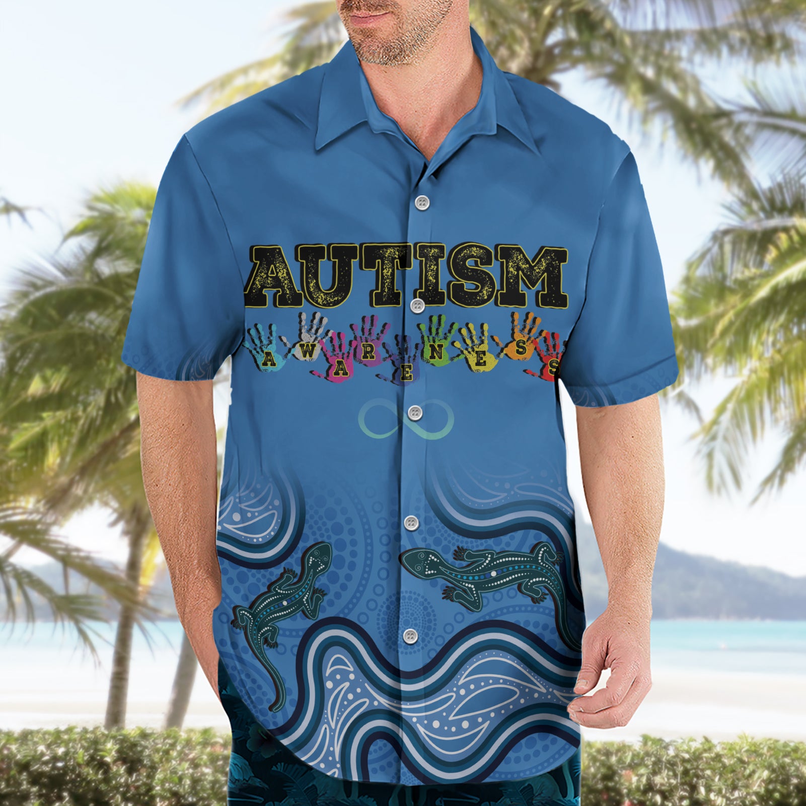 Australia Autism Awareness Hawaiian Shirt In April We Wear Blue Aboriginal Lizard - Vibe Hoodie Shop