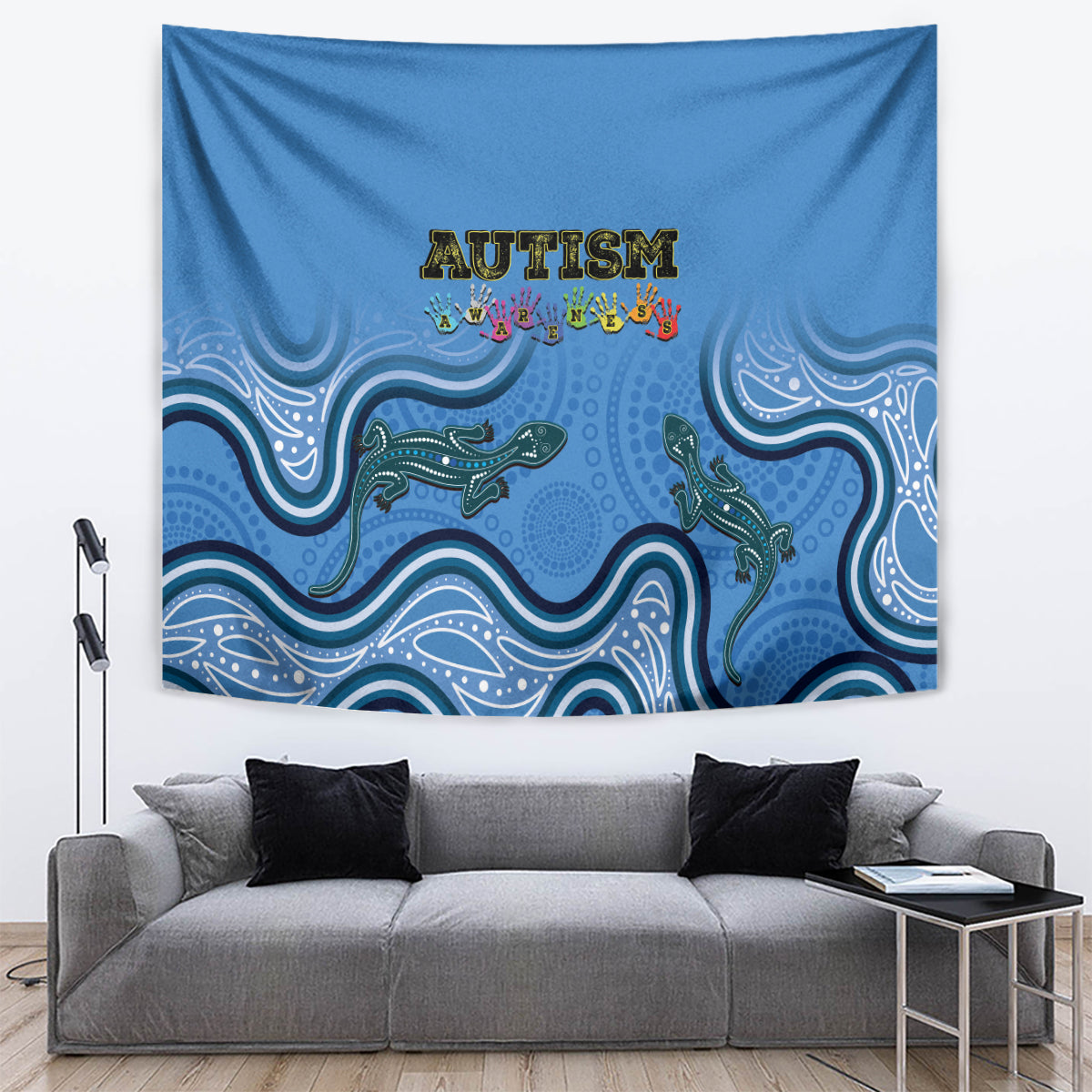 Australia Autism Awareness Tapestry In April We Wear Blue Aboriginal Lizard - Vibe Hoodie Shop