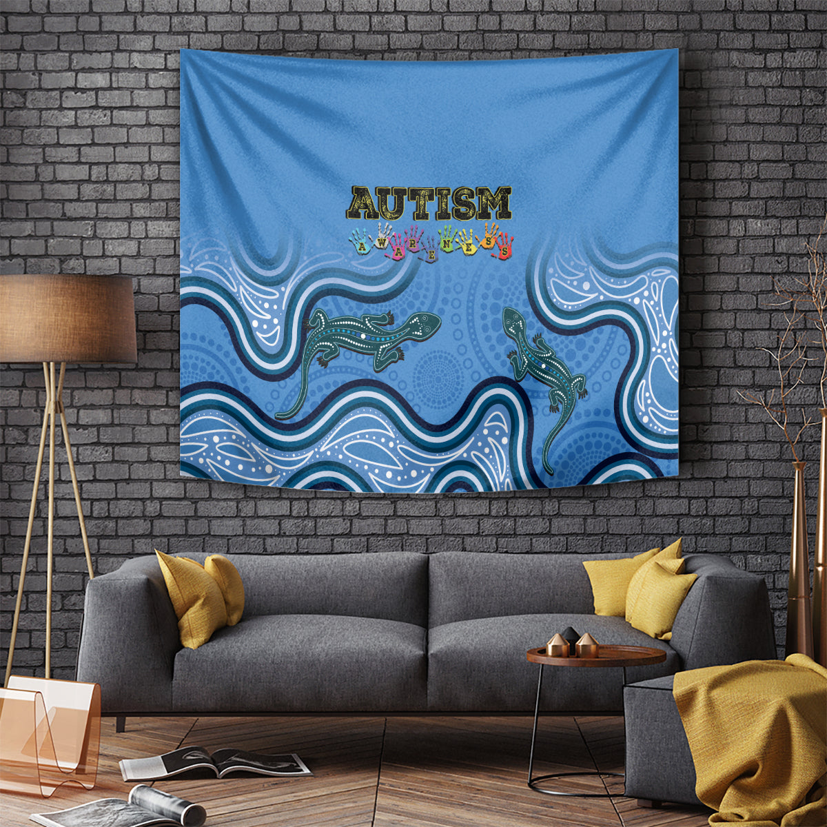 Australia Autism Awareness Tapestry In April We Wear Blue Aboriginal Lizard - Vibe Hoodie Shop