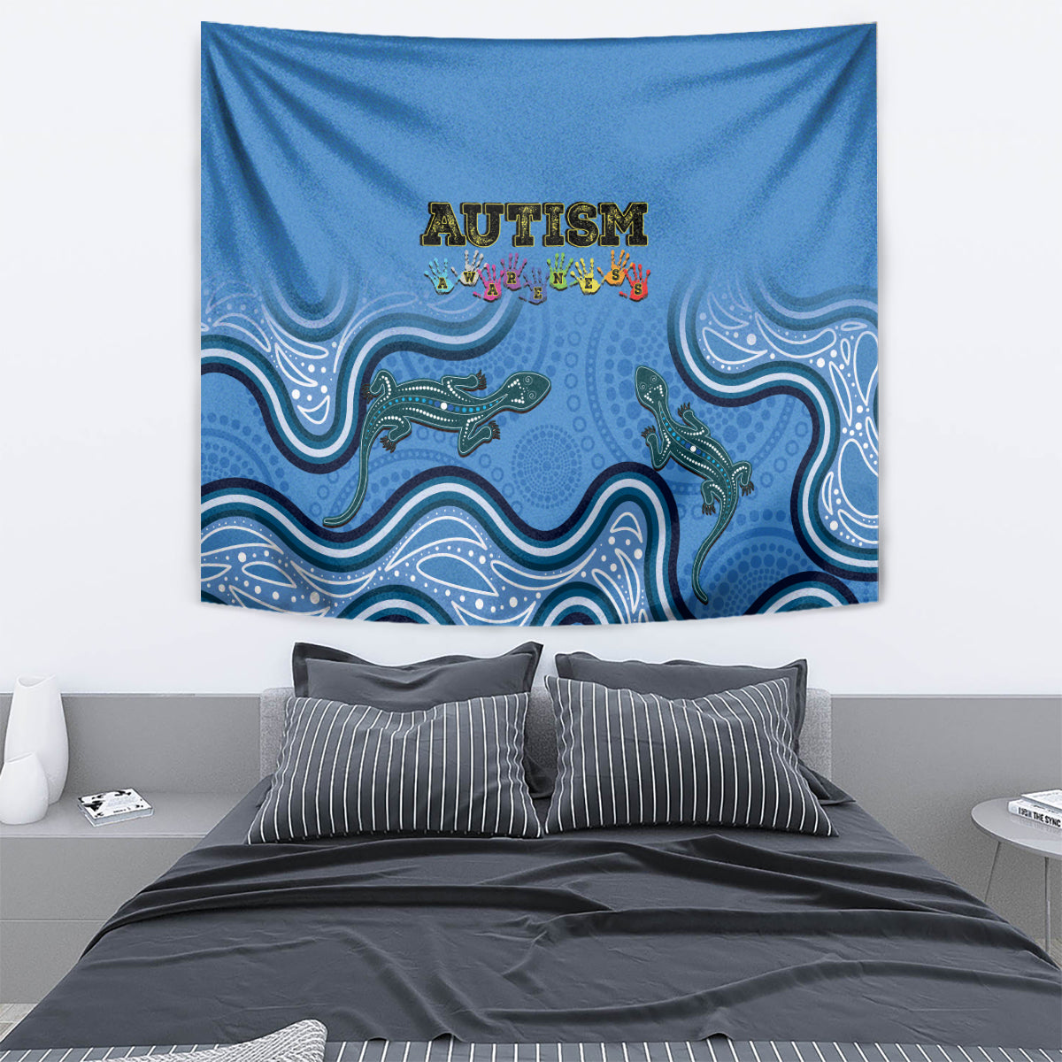 Australia Autism Awareness Tapestry In April We Wear Blue Aboriginal Lizard - Vibe Hoodie Shop