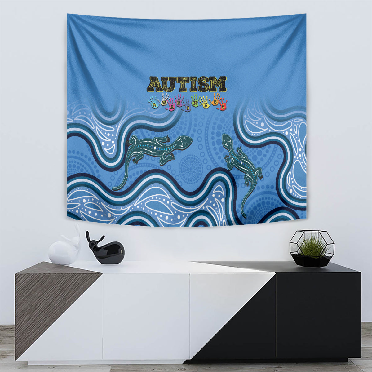 Australia Autism Awareness Tapestry In April We Wear Blue Aboriginal Lizard - Vibe Hoodie Shop