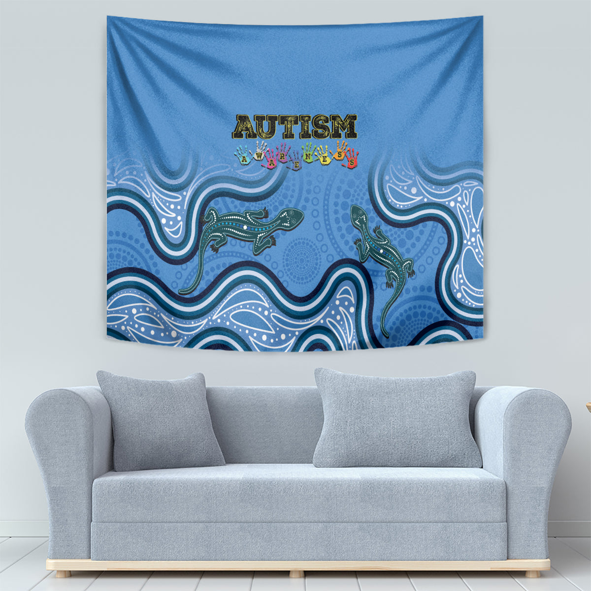 Australia Autism Awareness Tapestry In April We Wear Blue Aboriginal Lizard - Vibe Hoodie Shop