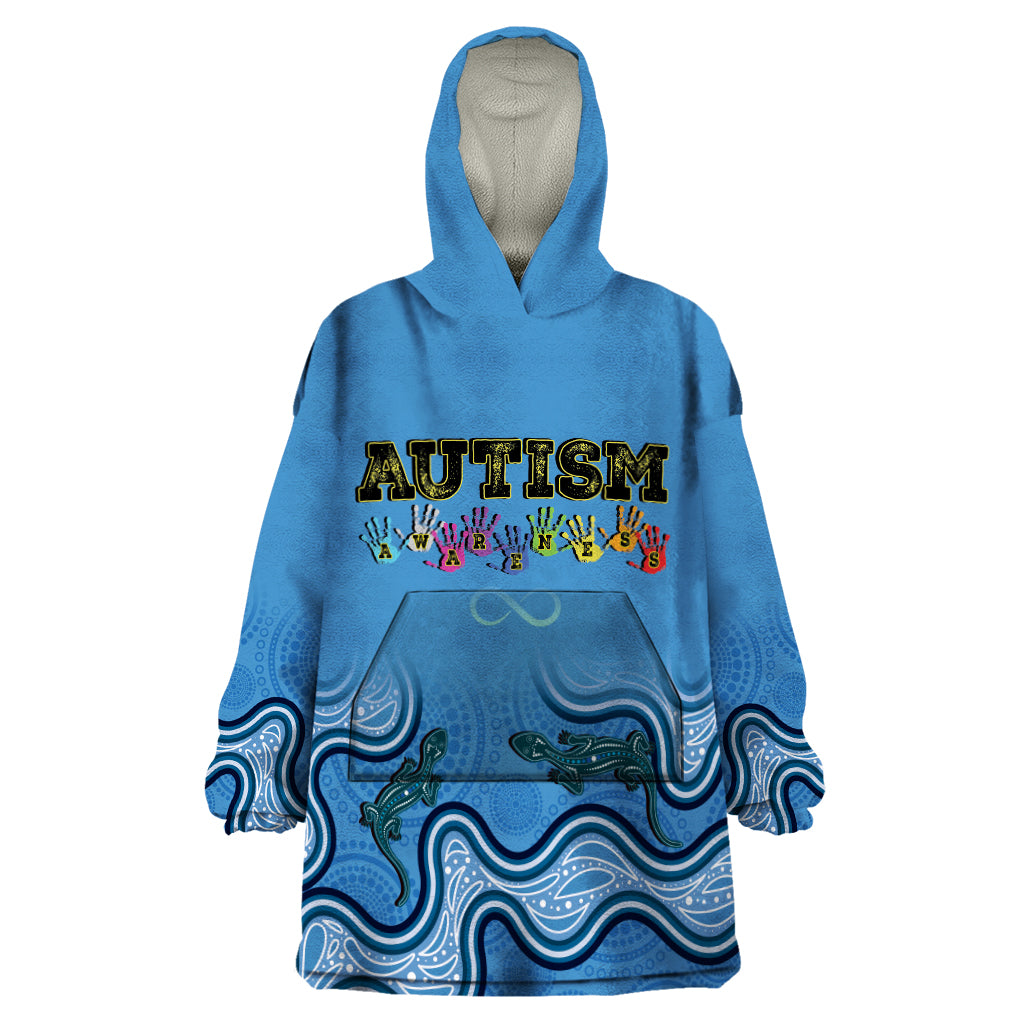 Australia Autism Awareness Wearable Blanket Hoodie In April We Wear Blue Aboriginal Lizard - Vibe Hoodie Shop