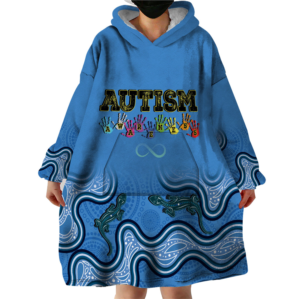 Australia Autism Awareness Wearable Blanket Hoodie In April We Wear Blue Aboriginal Lizard - Vibe Hoodie Shop